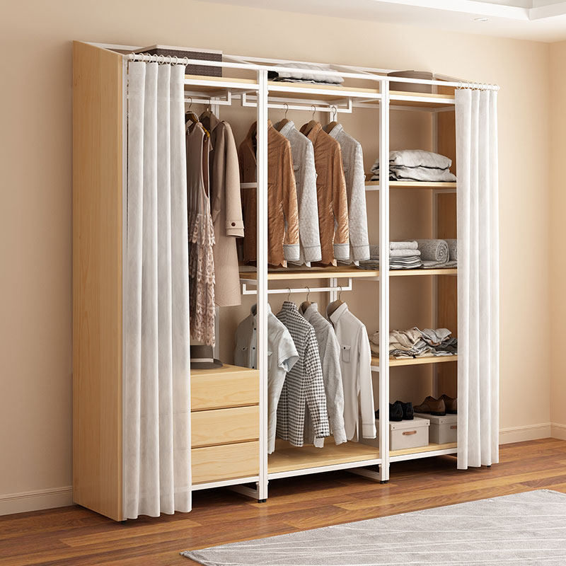 日式原木风卧室衣柜开放式铁艺衣帽间架子组装步入式衣服挂架防尘
