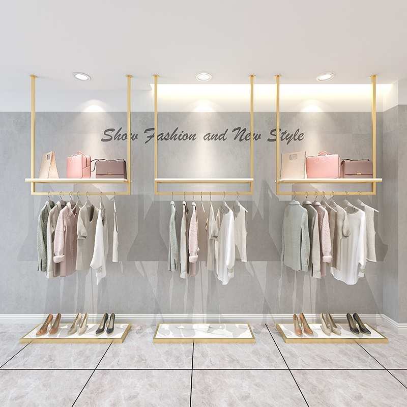 服装店衣架展示架女装礼服婚纱货架吊顶挂衣服架子金色上墙u型架