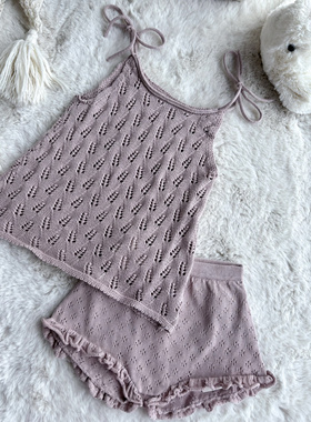 Millie Baby｜手钩挑孔吊带夏季新款女童针织镂空上衣薄花边短裤