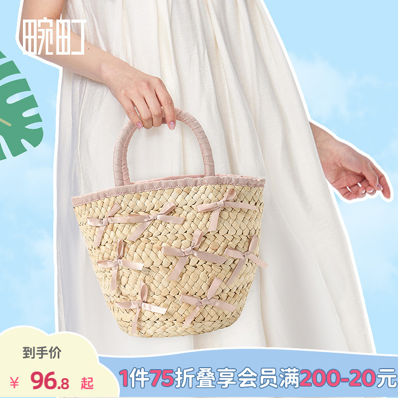 畹町草编沙滩包芭蕾蝴蝶结水桶包