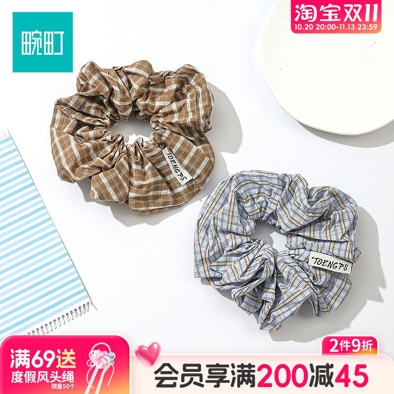 畹町格纹蓝咖布标发圈韩系复古学院头花头绳丸子头皮筋头饰