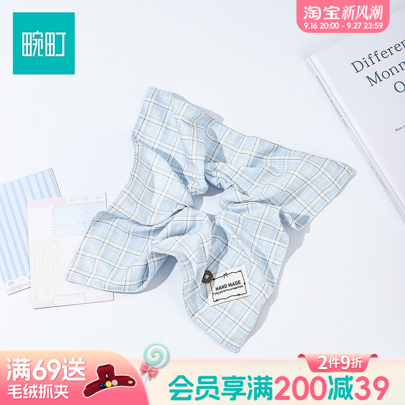 畹町浅蓝色格纹方巾大肠发圈少女清新布艺标签超大褶皱扎发皮筋图片