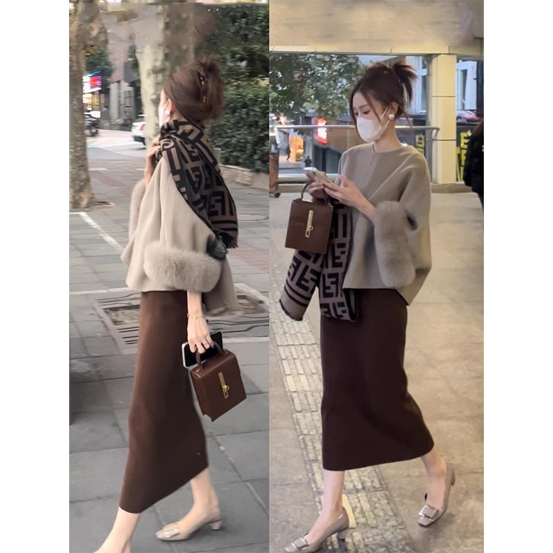 秋冬穿搭一整套韩剧富家千金毛呢外套半身裙端庄大气时尚套装裙女