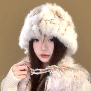 兔毛针织醒狮帽女冬季保暖加厚防寒毛绒帽大头围加绒护耳毛线帽子
