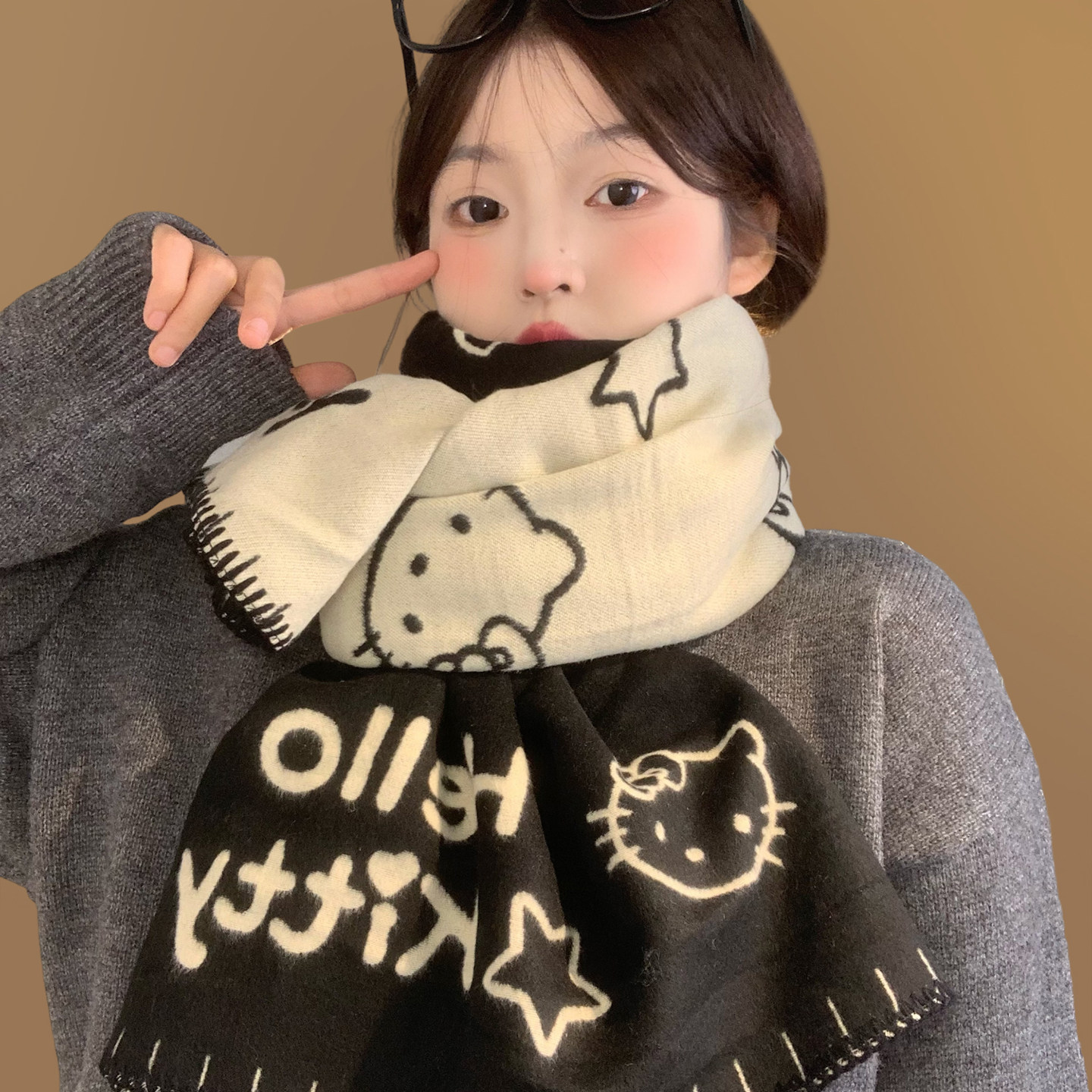 HelloKitty猫咪双面围巾女冬季韩版卡通防寒保暖百搭护颈围脖披肩