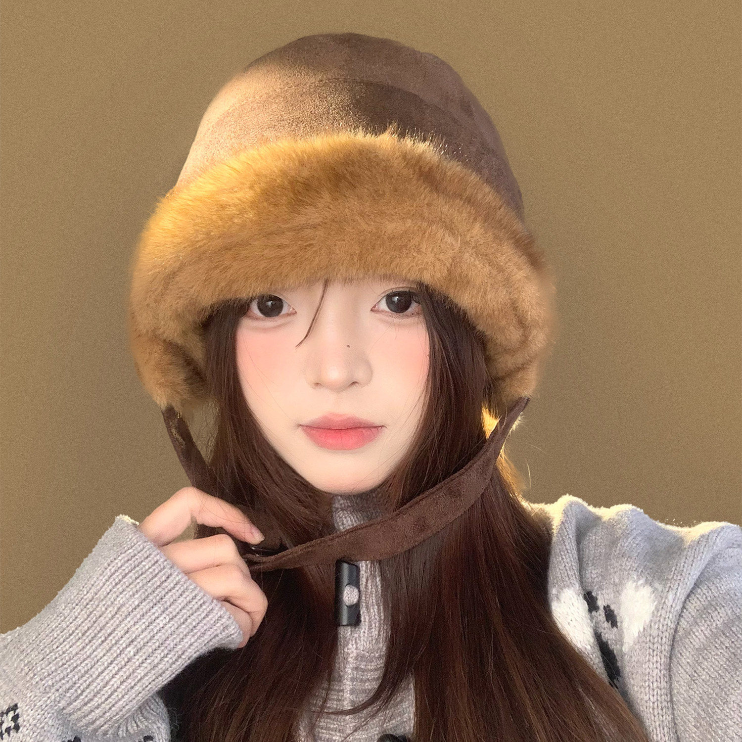 美拉德麂皮绒毛绒加厚渔夫帽