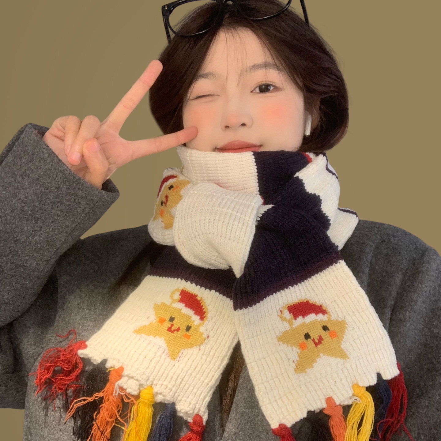 彩色流苏五角星雪人笑脸针织围巾女款冬季保暖加厚圣诞节学生围脖