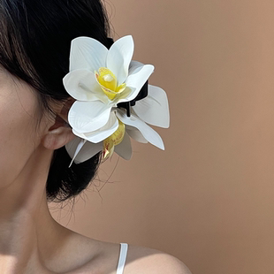 拍照抓夹发饰 海边度假风粉白花朵发夹女超仙甜美氛围感鲨鱼夹夏季