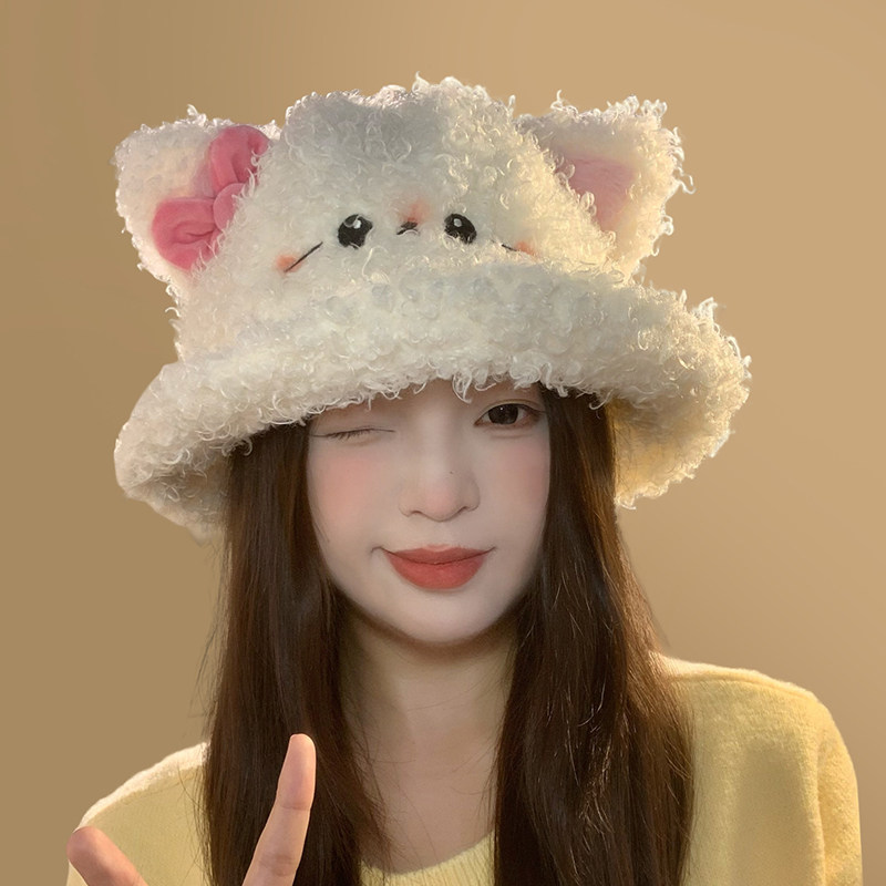 可爱猫咪卡通毛绒渔夫帽女生秋冬季保暖甜美护耳显脸小毛茸盆帽子