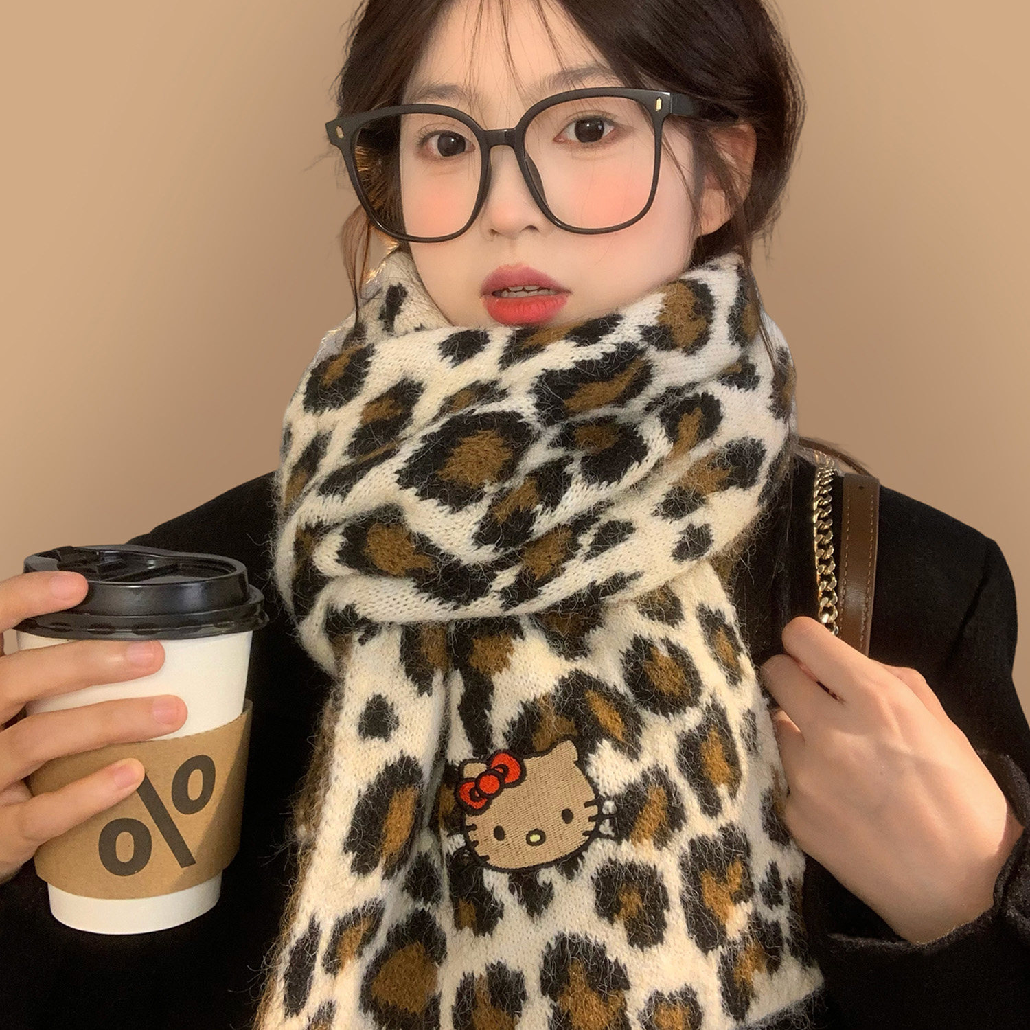 Kitty猫咪豹纹针织围巾女款冬季韩系氛围感加厚保暖防寒护颈围脖