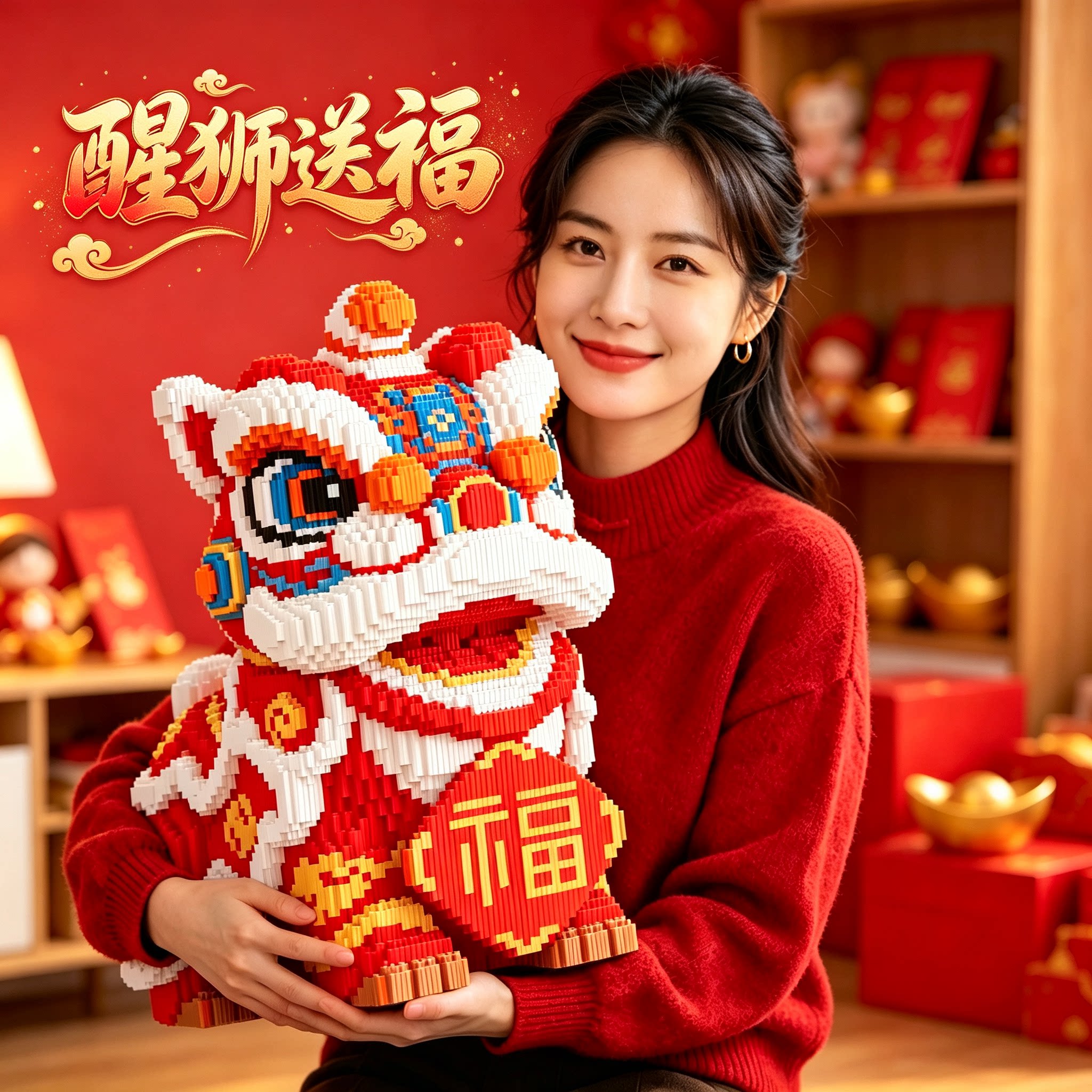 新年醒师积木益智拼装超大摆件图片