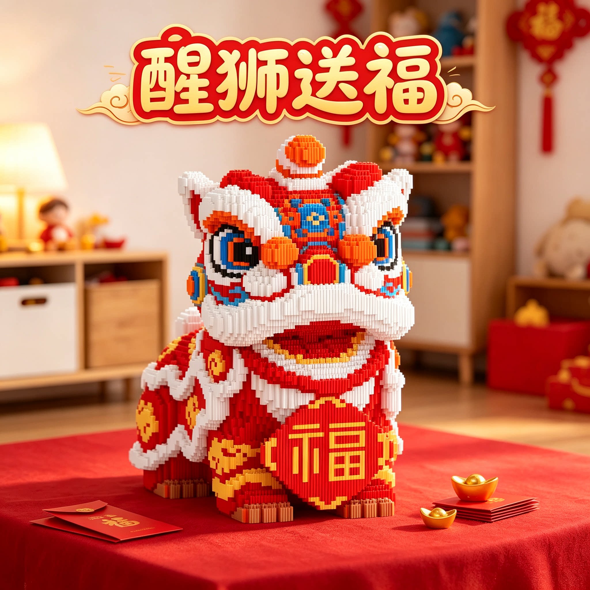 新年醒狮积木拼图益智拼装玩具图片