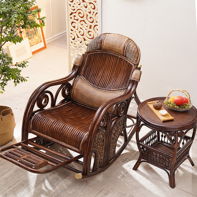阳台天然真藤摇椅大人躺椅懒人沙发单人客厅家用休闲轻奢覆古垫子
