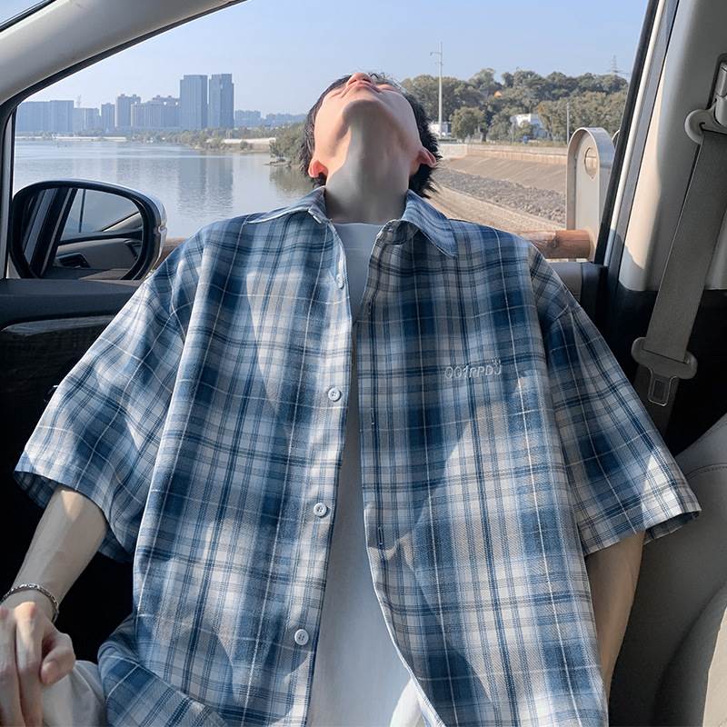 夏季美式刺绣格子衬衫男宽松短袖衬衣外套CD5512