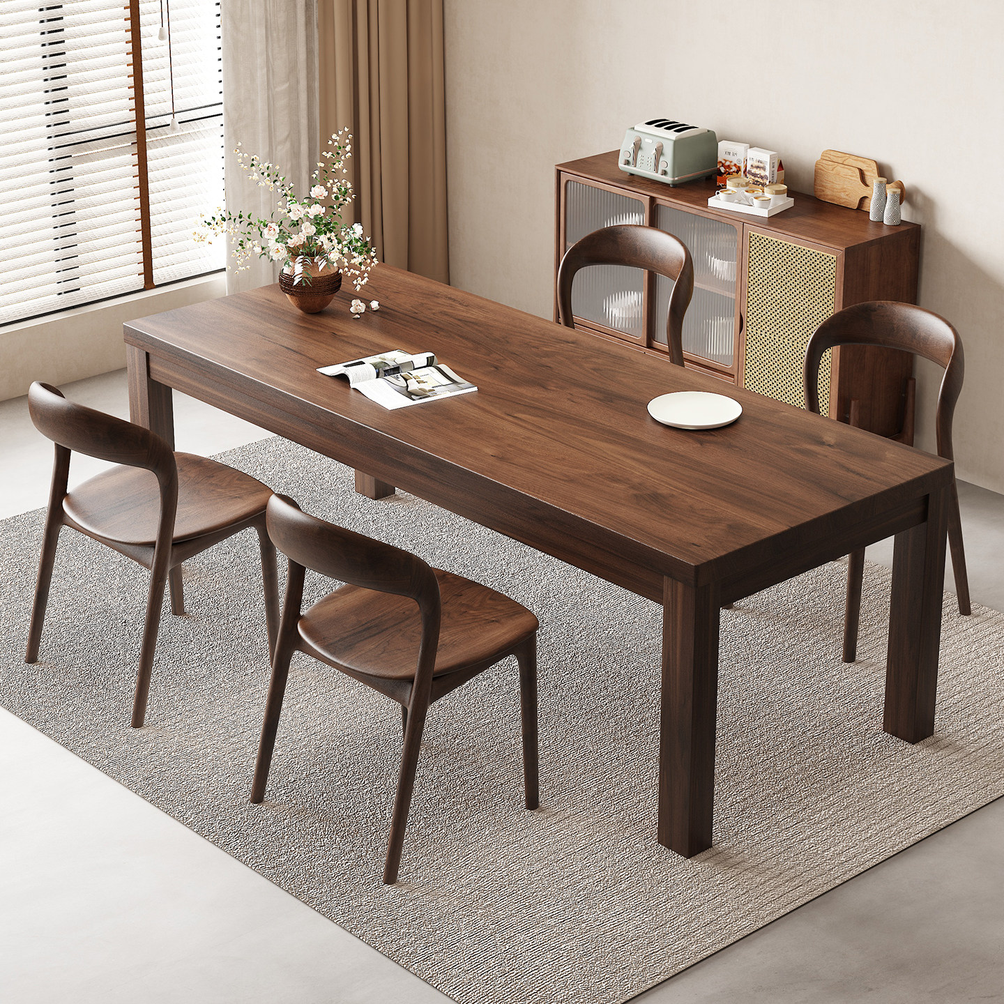 南美黑胡桃木餐桌书桌一体两用实木大板桌北欧家用餐厅桌椅组合