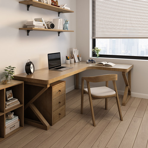 实木转角书桌书柜一体拐角7字型桌学生家用卧室儿童学习桌电脑桌