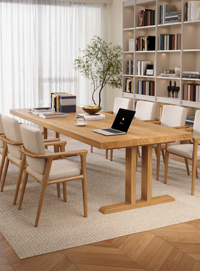 奶油风实木书桌开放式大板工作台去客厅化家用长条桌学习办公桌