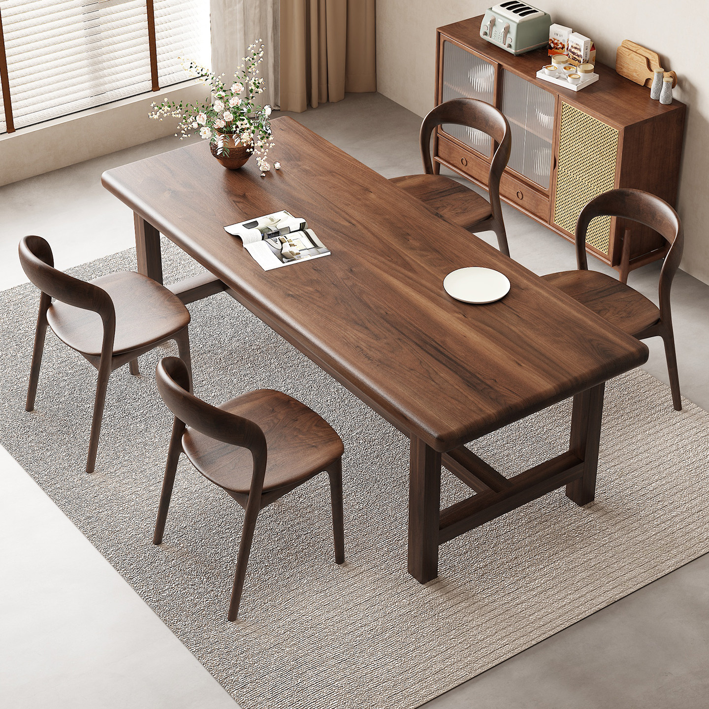 南美黑胡桃木餐桌实木家用小户型餐厅吃饭桌简约长方形桌椅组合