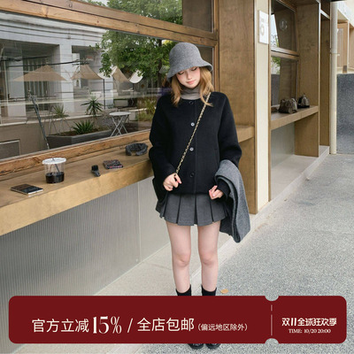 egg ·韩系简约黑色短外套女 2026秋冬单面呢圆领单宽松毛呢大衣