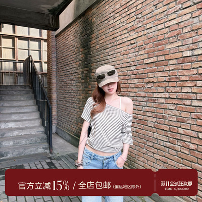 egg ·【黑白条纹斜肩】宽松百搭短袖休闲慵懒感斜肩T恤小上衣