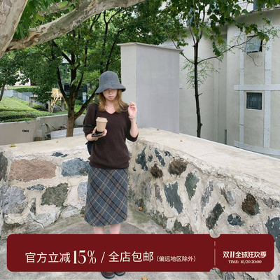 egg ·韩系复古灰咖格纹半裙2026秋直筒中裙松紧腰百搭毛呢半身裙