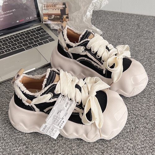 厚底面包鞋女2025巨好看配阔腿裤鞋子小众黑色帆布鞋时尚休闲运动