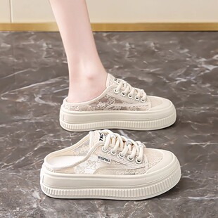 半拖帆布鞋女2025新款夏季一脚蹬小白鞋配裙子内增高厚底板鞋34码
