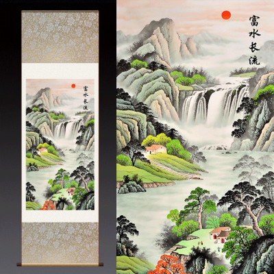 聚宝盆山水招财山水挂画卷轴画富水长流丝绸画国画卷轴画客厅装饰