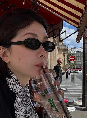 美式复古椭圆黑色小框墨镜女潮