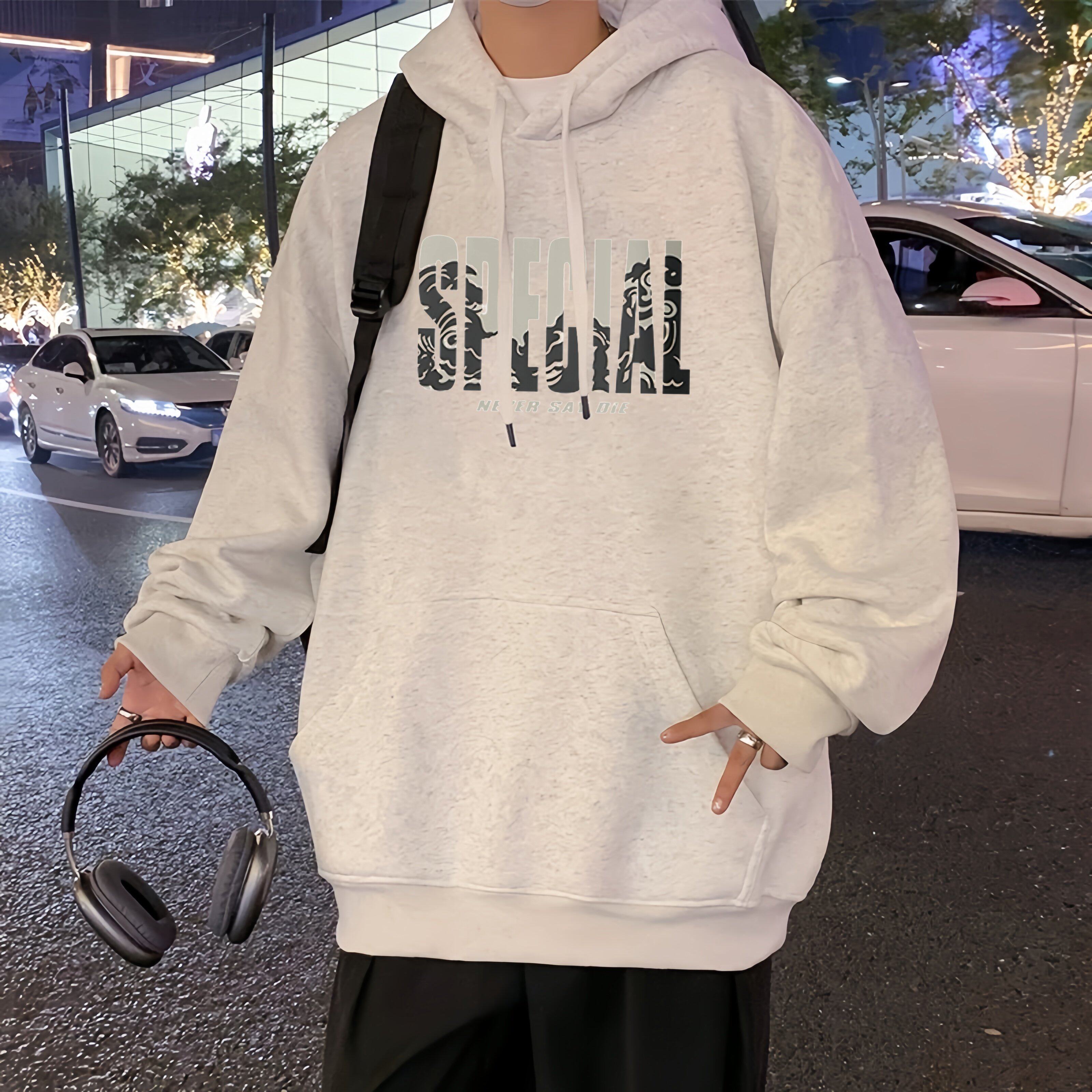 卫衣男生加绒厚款宽松休闲情侣连帽衫学生字母印花青年薄外套男士