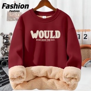 T恤加厚保暖学生羊羔绒圆领情侣款 上衣 长袖 加绒卫衣男女秋冬新款