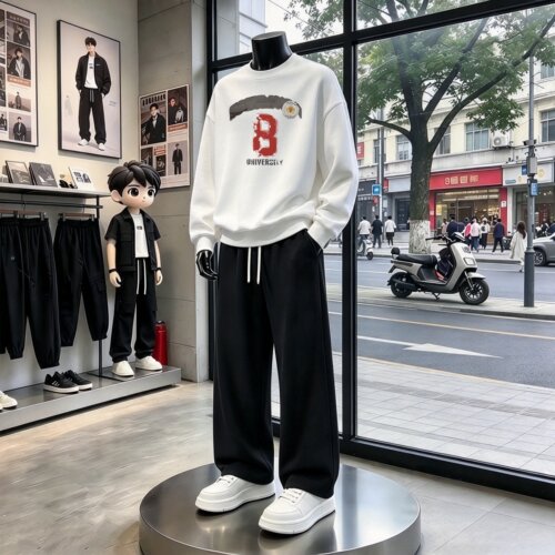 美式潮牌字母圆领卫衣男套装春秋宽松外套青少年酷帅穿搭一套衣服