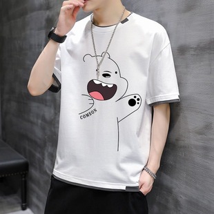 夏季 男士 t恤短袖 假两件上衣 胖子夏装 半袖 潮牌加肥加大码 重磅男款