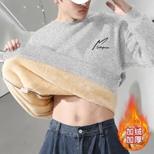 加绒加厚潮流卫衣冬季圆领套头羊羔绒男士外套高级感宽松保暖上衣