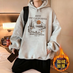 外套打底衫 秋冬新款 加厚连帽套头卫衣青少年学生潮牌潮流加绒帽衫