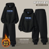 加绒新款 青少年运动套装 男秋冬季 初中学生帅气休闲连帽卫衣两件套