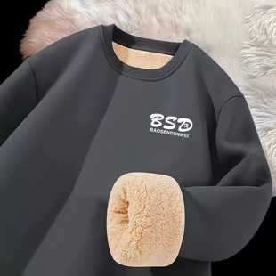 情侣款 防寒设计感长袖 加绒加厚保暖上衣厚款 羊羔绒圆领男卫衣冬季