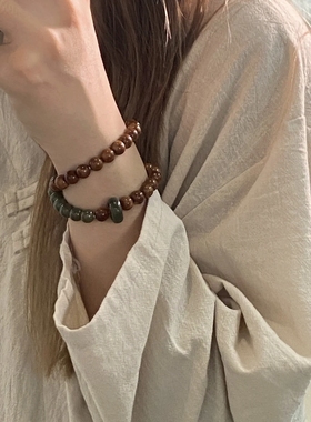 库克菩提高油高密搭配和田玉跑环手链女佛珠念珠双圈手串文玩饰品