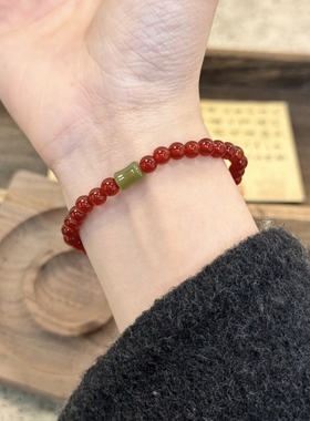 新中式国风天然红玛瑙手链女复古红绿撞色本命年转运招财手串礼物