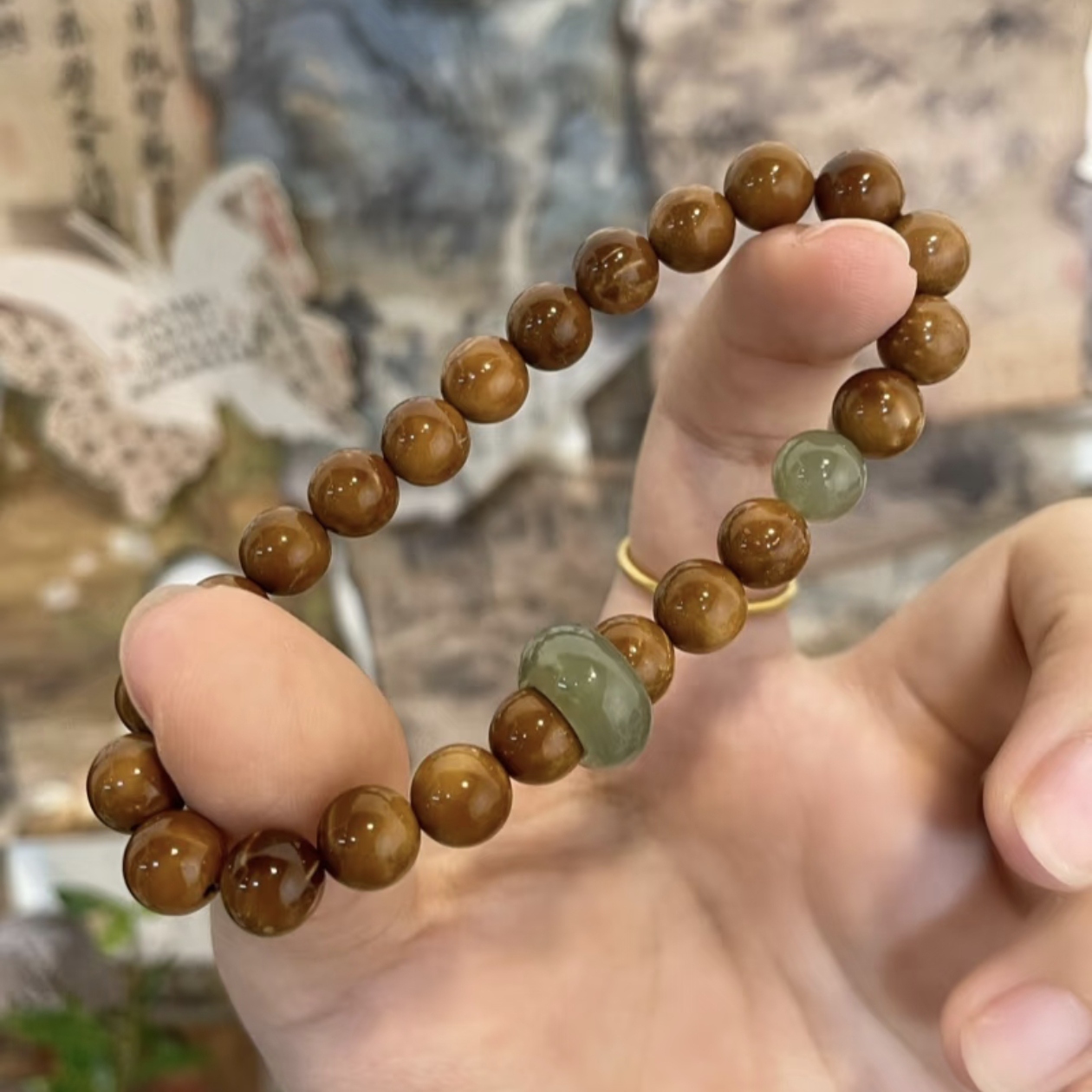 天然库克菩提手串和田玉碧玉跑环手链女款新中式复古风文玩手饰品
