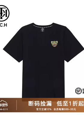 TCH潮牌轻奢短袖T恤烫钻虎头极简秋季男女黑色T69A106188