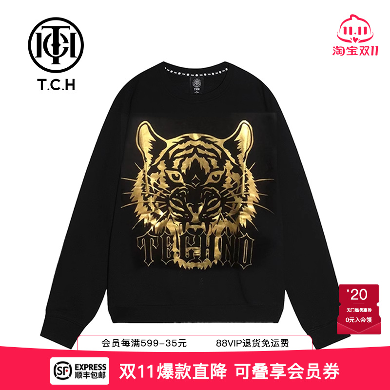 TCH潮牌烫金虎头卫衣秋季新款重工套头圆领上衣男女T66C11E6017