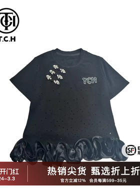 TCH潮牌重工烫钻T恤短袖女款黑色花边2025新中式T72B10E9052