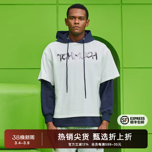 TCH时尚潮牌字母烫钻假两件拼接情侣白色连帽卫衣S69B126007