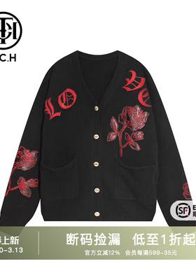 TCH潮牌玫瑰花烫钻黑色针织开衫外套2025秋季新款T21109C3005