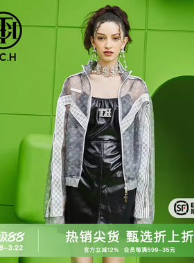 TCH潮牌拉链衫老花网纱2026春秋新款男女灰色外套T69A276001