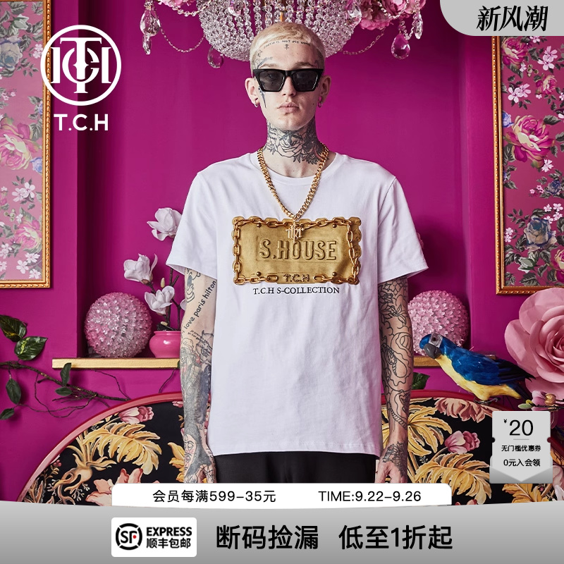 烫钻金链条圆领时尚短袖T恤