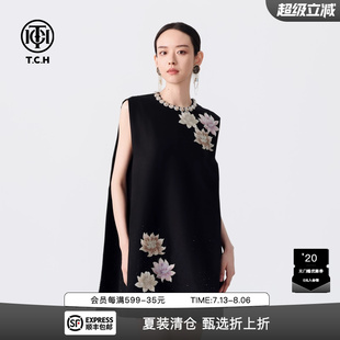 燙鉆法式 TCH新中式 2025春秋新款 顯瘦無(wú)袖 連衣裙女短款 背心小黑裙