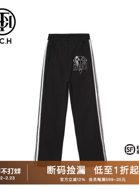 TCH潮牌轻奢钻石字母烫钻白条直筒黑色休闲裤T66A206130