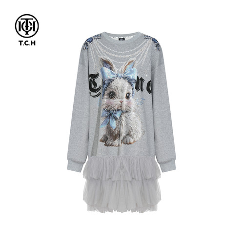TCH轻奢烫钻工艺秋季卡通圆领长袖连衣裙T75C30E9008私服tch